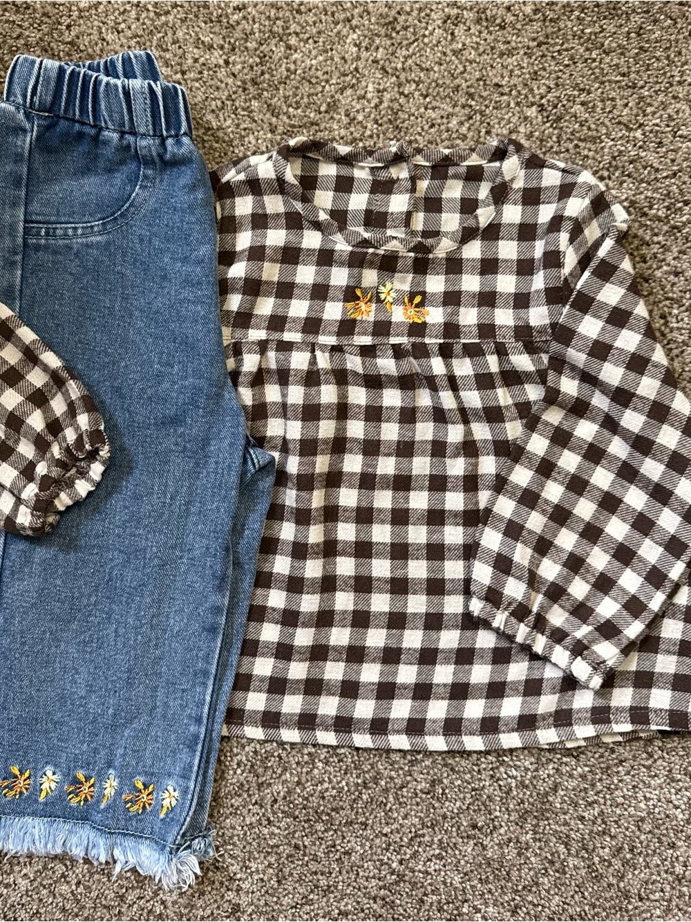 Girls Brown & White Gingham Blouse with Yellow Floral Embroidery